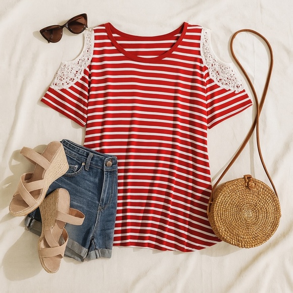 Soft Surroundings Red Stripe Cold Shoulder Tee Shirt PM New - Picture 10 of 10